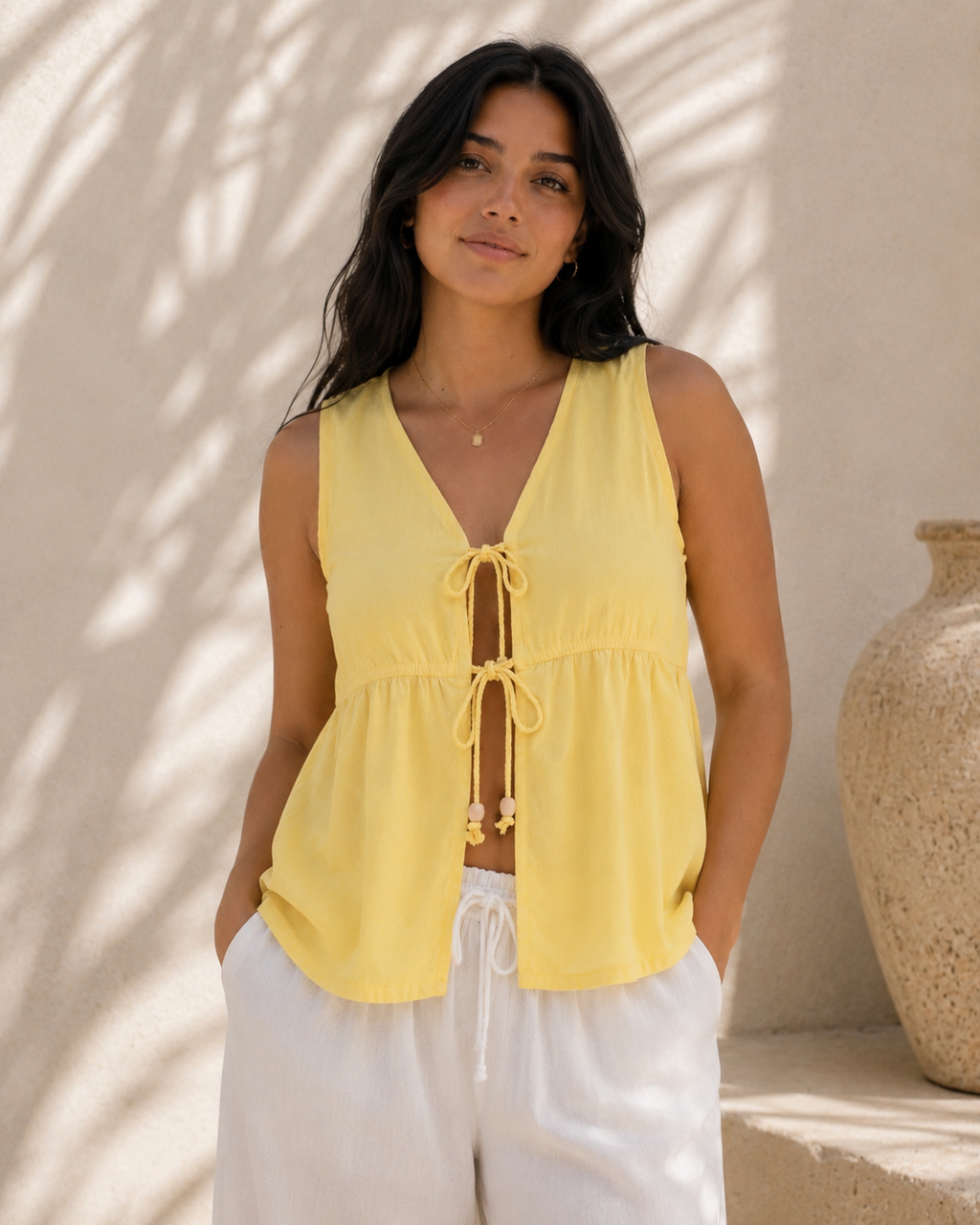 Yellow Tie-Front Peplum Top one size