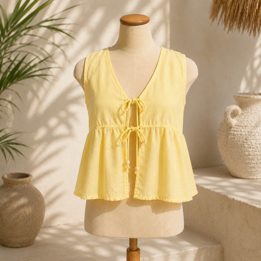 Yellow Tie-Front Peplum Top one size