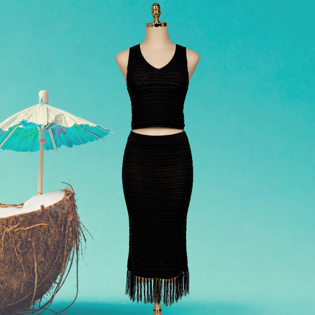 Crochet Knit Set – V-Neck Crop Top & Fringe Midi Skirt One Size