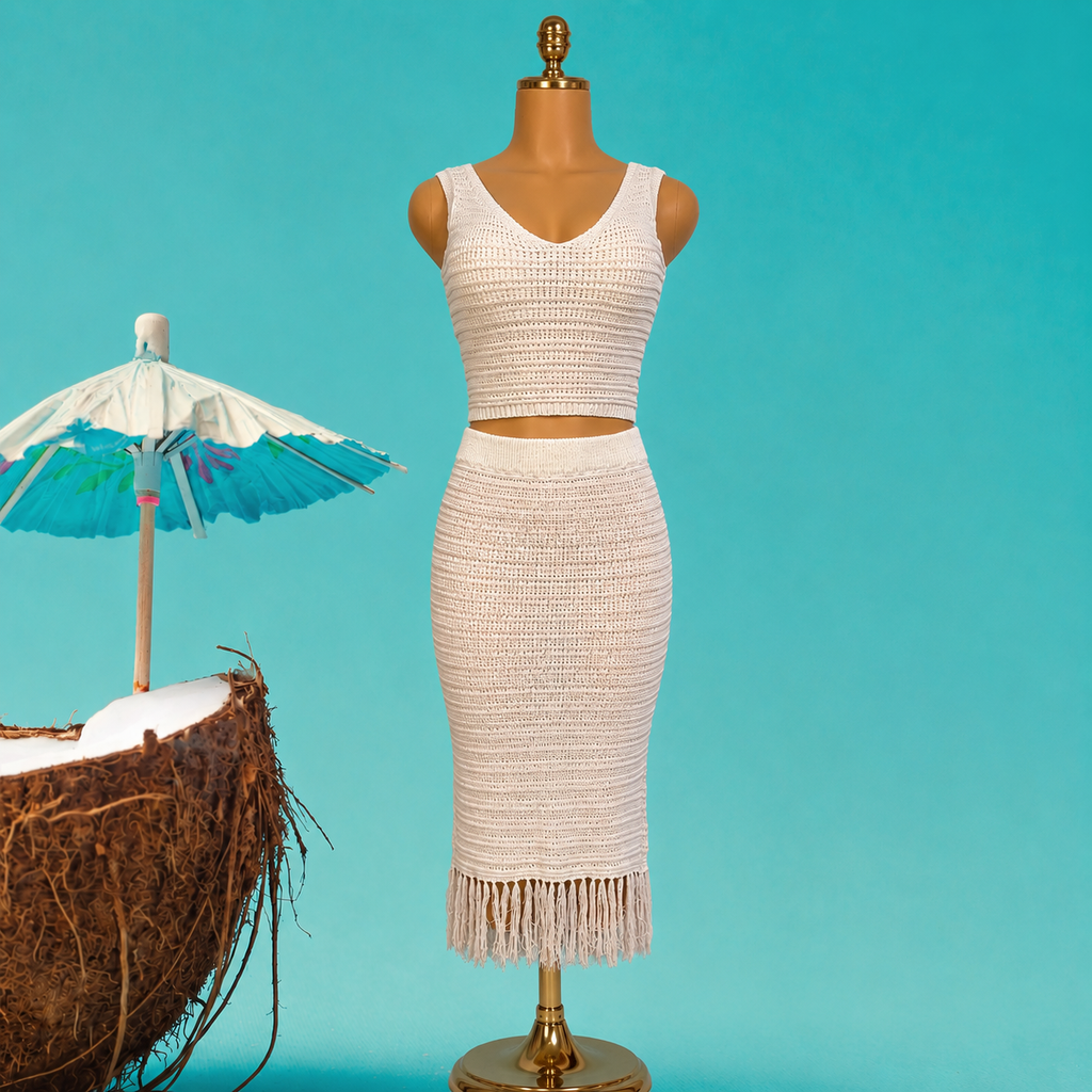 Crochet Knit Set – V-Neck Crop Top & Fringe Midi Skirt One Size