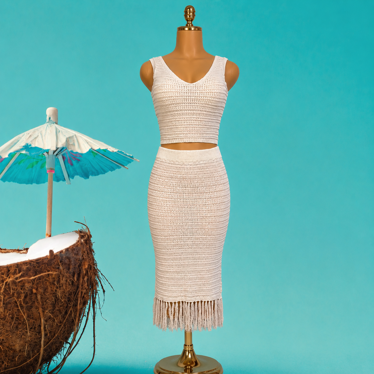 Crochet Knit Set – V-Neck Crop Top & Fringe Midi Skirt One Size