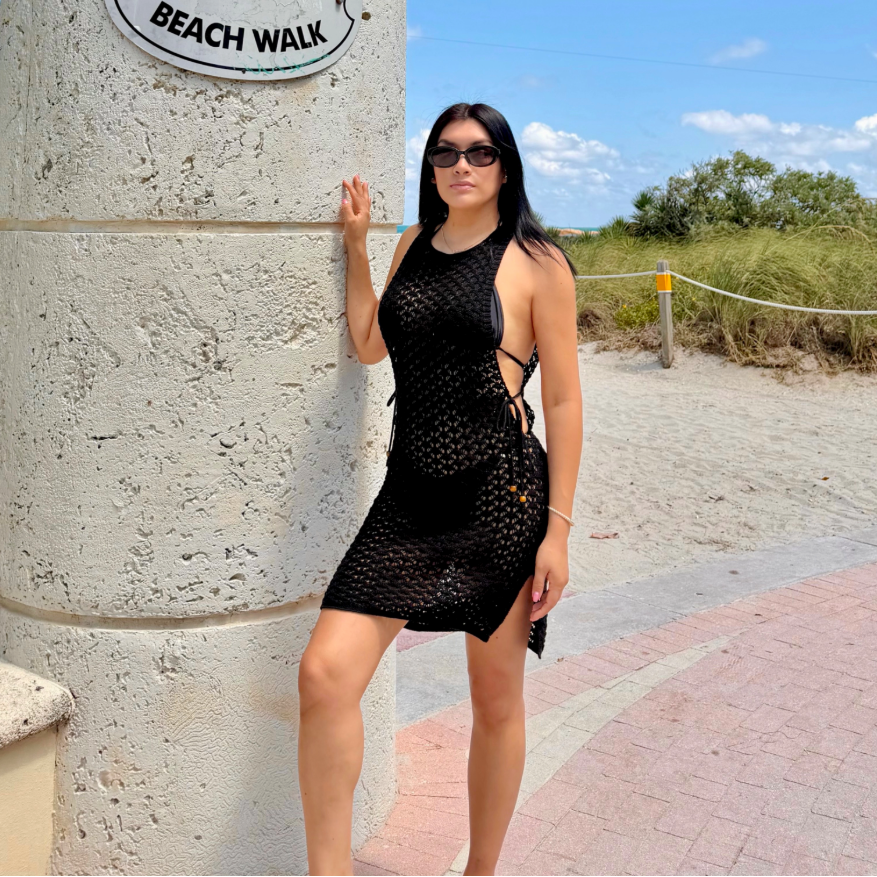 Black Crochet Cover Up Mini Dress – Lace-Up Beach Dress S-M
