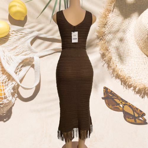 Brown Crochet Knit Set – Crop Tank & Fringe Midi Skirt One Size