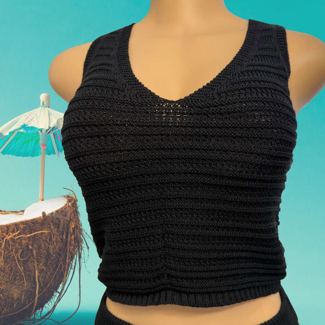 Crochet Knit Set – V-Neck Crop Top & Fringe Midi Skirt One Size